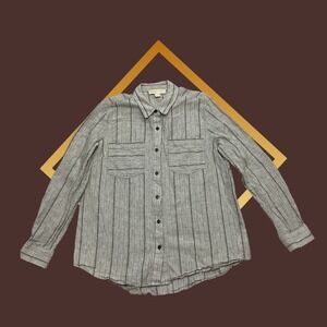 MICHAEL KORS Womens Striped Button Down Shirt Size L Gray Black Long Sleeve